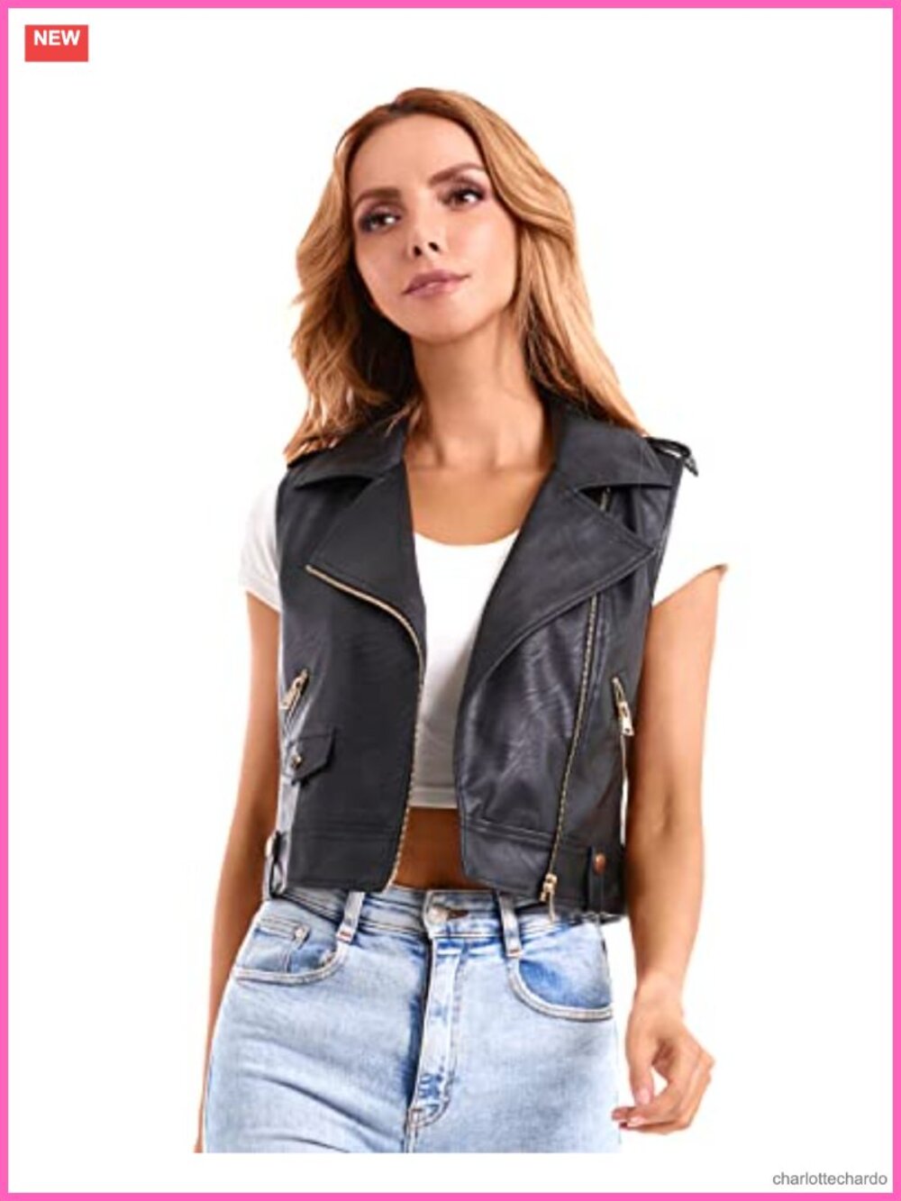 Faux Leather Moto Biker Vest Women Slim Fit Zipper Pockets Sleeveless Waistcoat